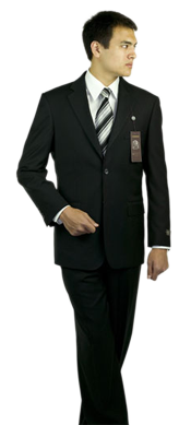 A man in a suit and tie standing up.