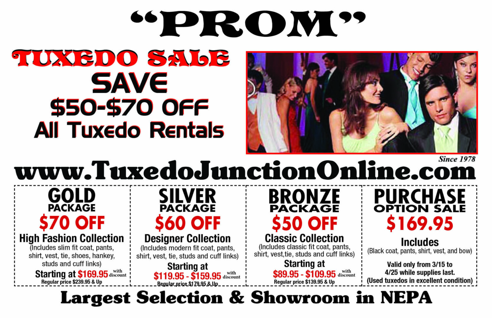 A flyer for tuxedo junction 's prom sale.